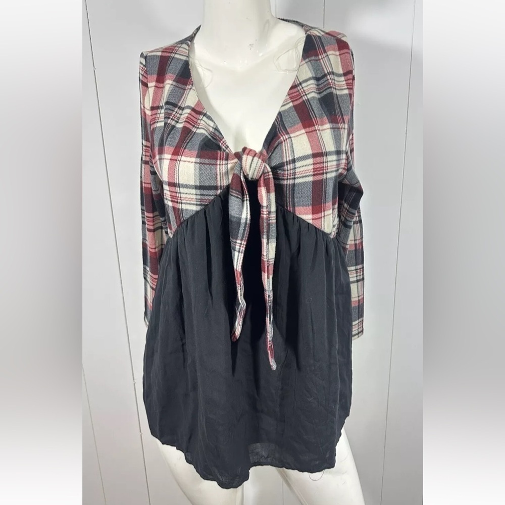 NWT Entro Sz M Women's Plaid Long Sleeve Tunic Top Boho Multicolor Front Tie
